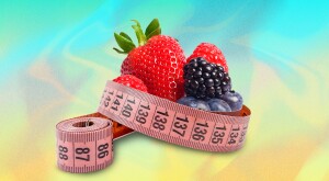 photo collage of tape measure wrapped around berries, berries for weight loss, lose weight, health