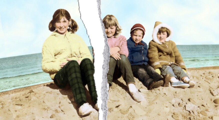 Four Children Siblings Sitting on a Sand Dune at the Beach with a rip down the middle