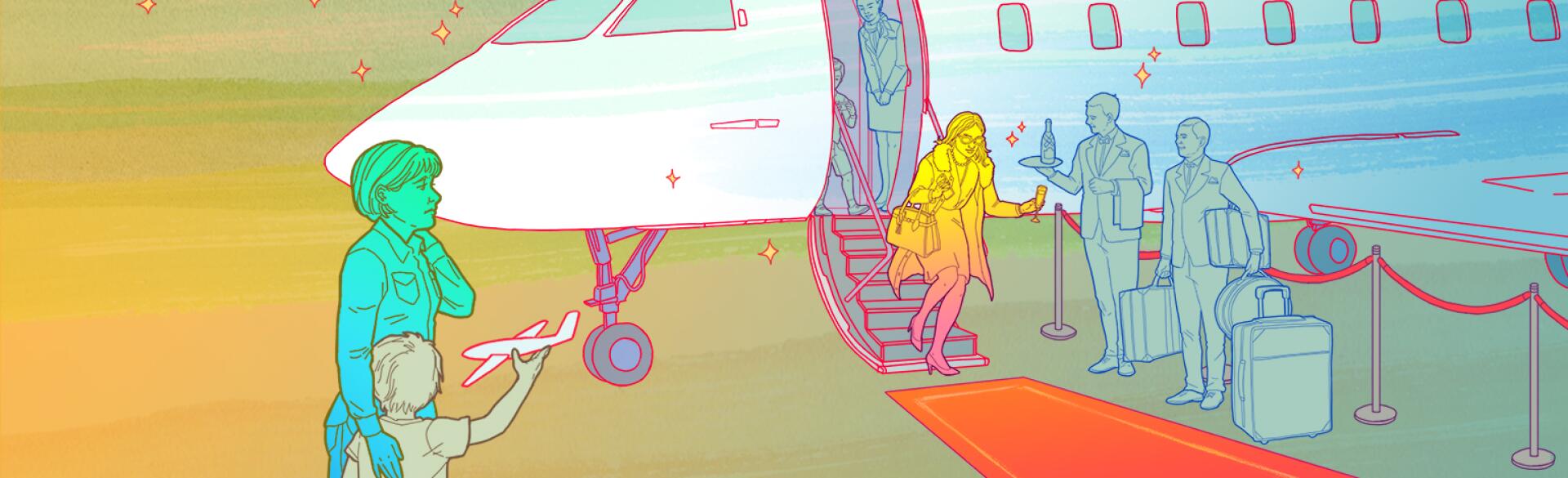 illustration of woman with her son watching her friend get off a private plane