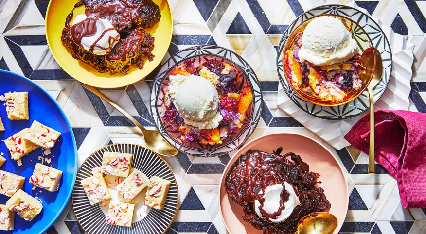 Three delicious crock pot desserts on a tile table