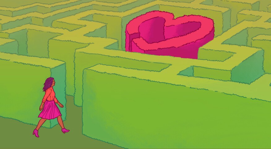 illustration of woman entering grass maze with heart in the middle