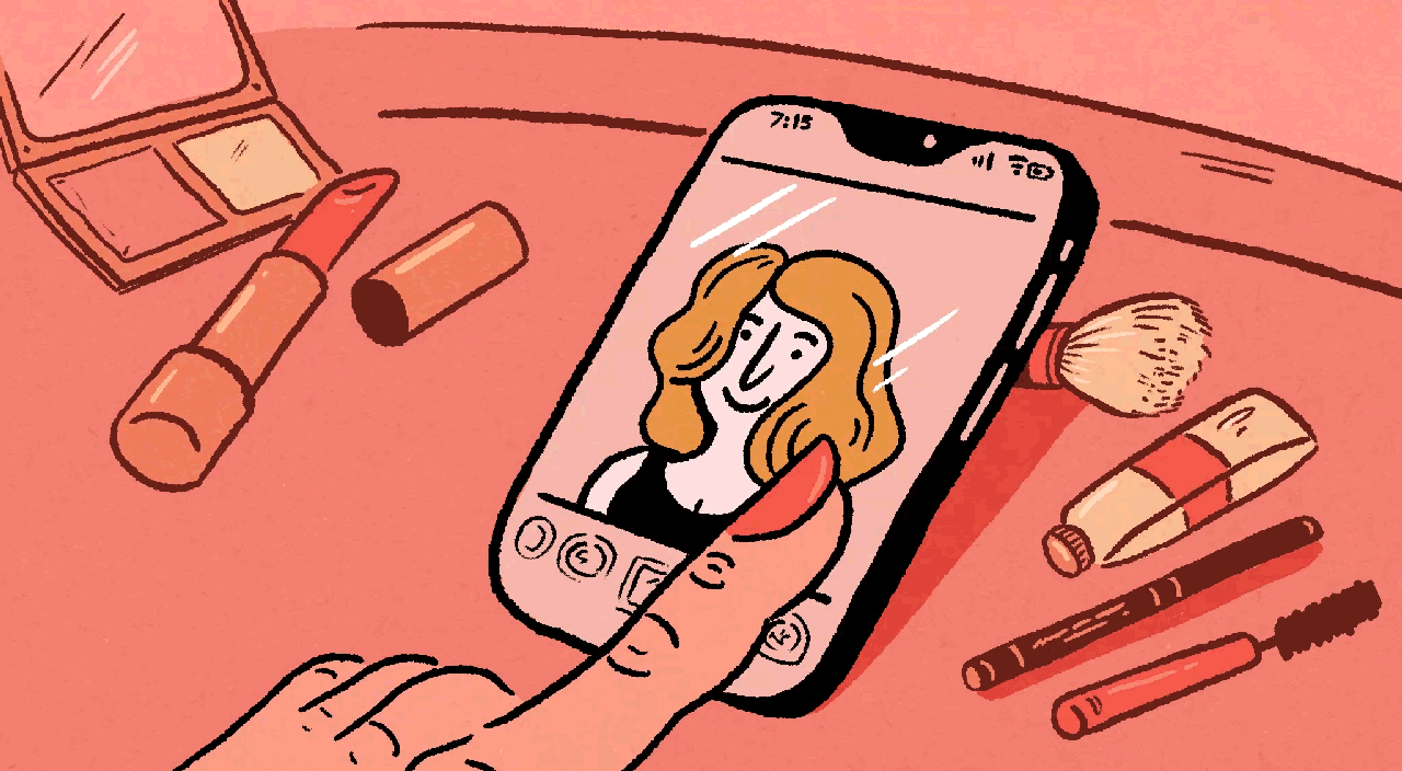 gif of woman, swipping phone app, illustration