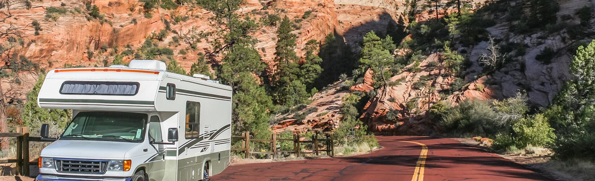 Motorhome along a road through Zion National Park, USA
