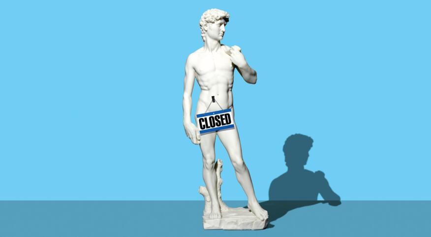 A photo of the statue of David with a "closed" sign over the crotch, indicating his low libido.