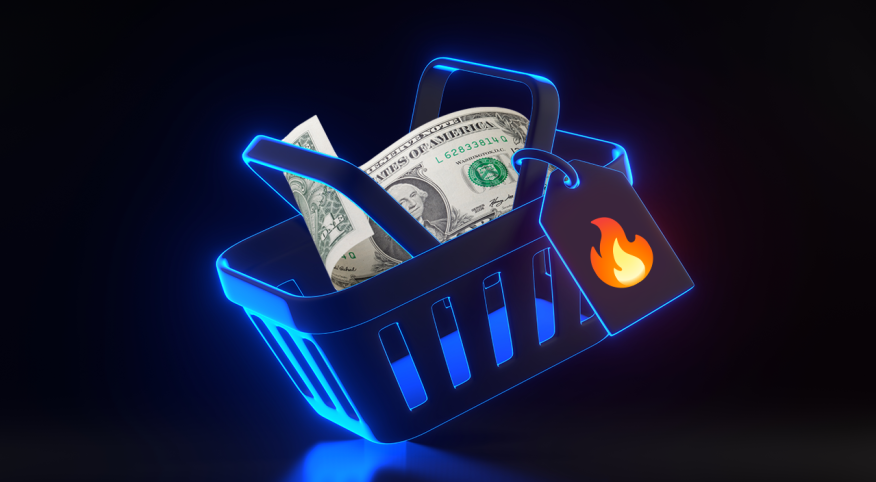 photo collage of one dollar bill in neon shopping basket with flame on tag