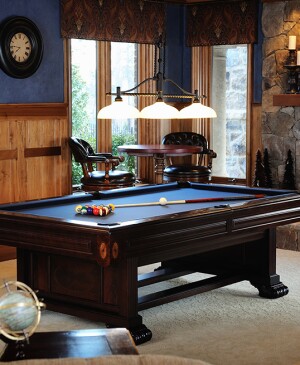 man cave with blue pool table