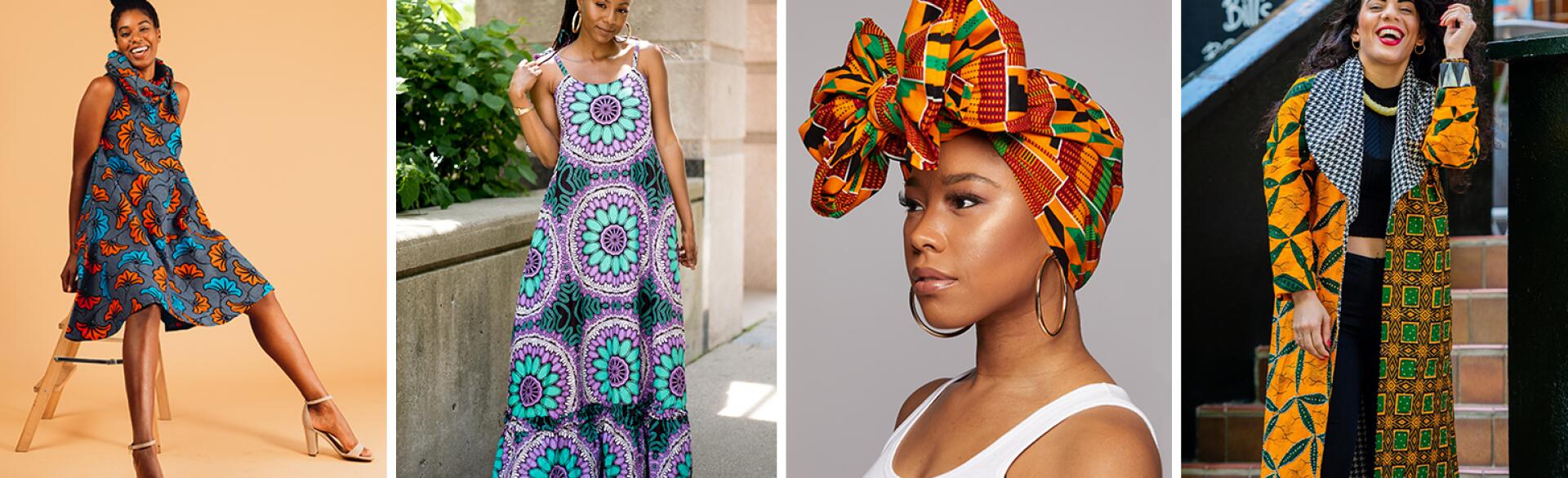 collage of women wearing different wax prints as dresses, head wrap, and a coat