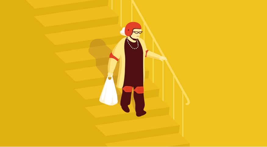 illustration of woman walking down stairs with protective gear to avoid falling