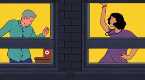 illustration of couple dancing in home, marriage