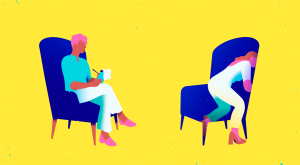 illustration of woman hiding within her chair while meeting with therapist, mental health