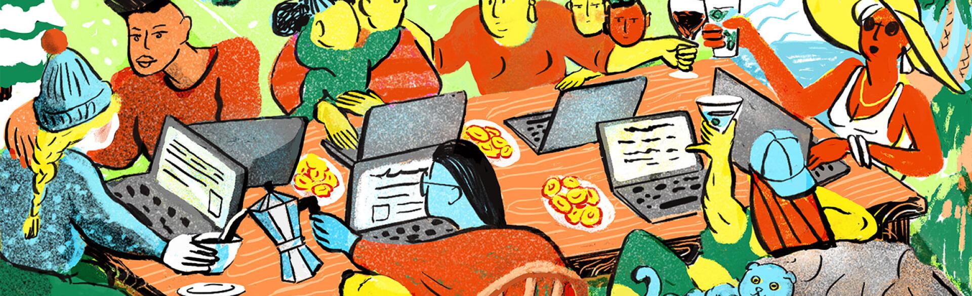 illustration of women sitting around a table on computers making friends virtually