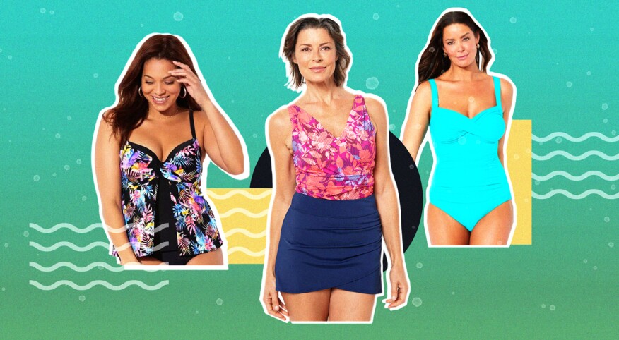 photo collage of 3 females wearing swim suits, swimwear, bathing suits