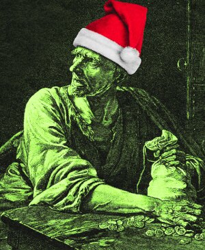 photo collage of scrooge wearing a santa claus hat