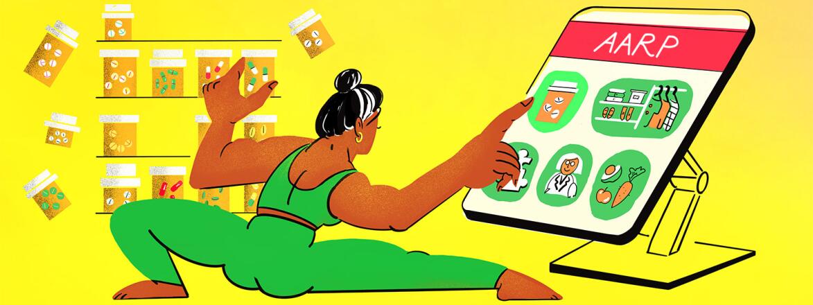 illustration of lady stretching looking at aarps website