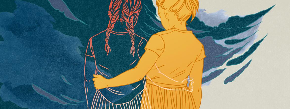 illustration of two younger sisters holding each other and drifting apart