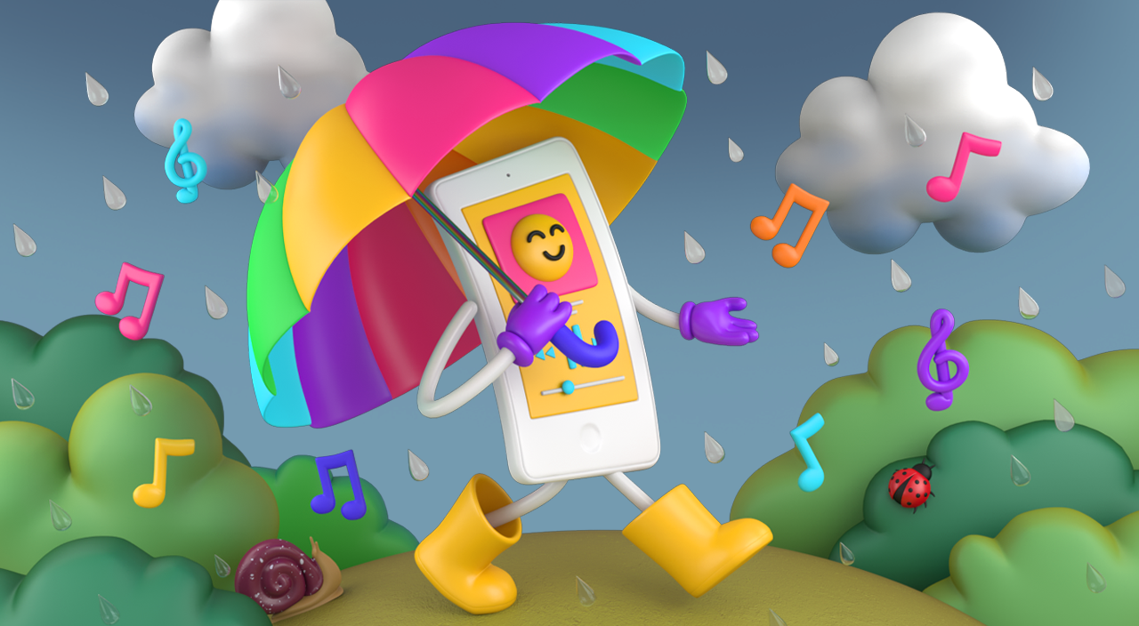 illustration of playing walking in rain playing playlist for rainy day