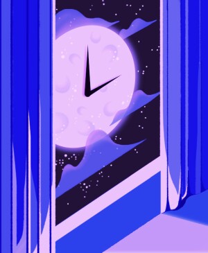 illustration of woman sleeping, clock handles over moon, sleep