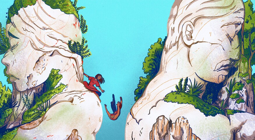 Illustration of a lady trying to reach out to a man who slipped off a mountain