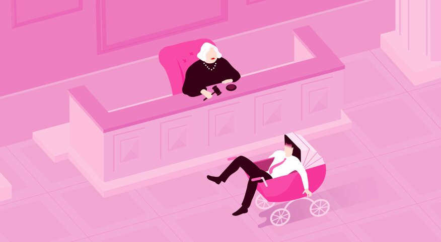 illustration of adult child laying in baby stroller in front of judge