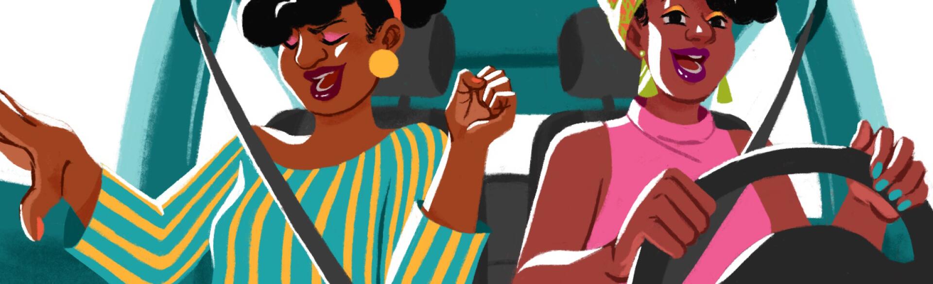illustration of two black ladies singing in the car spotify playlist