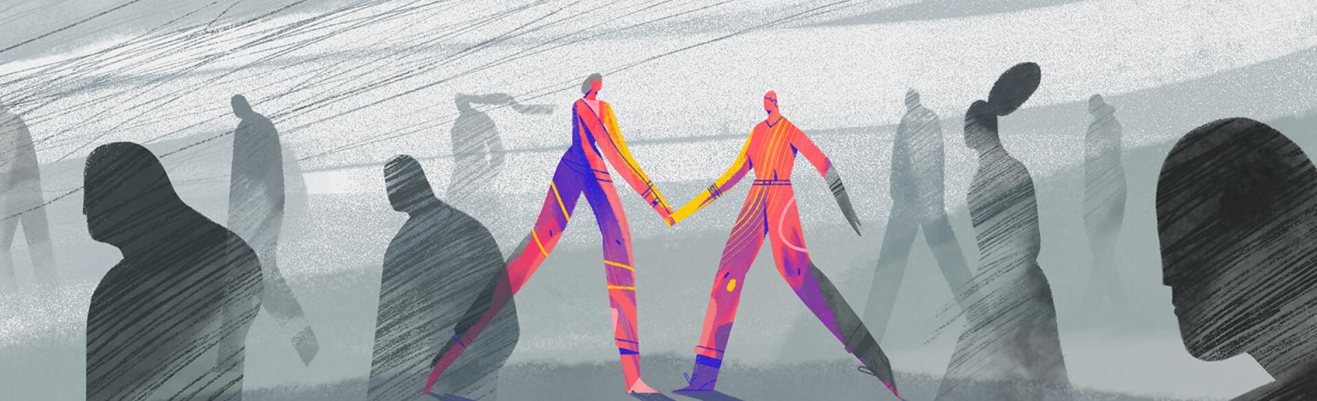 A graphic of two people holding hands together.
