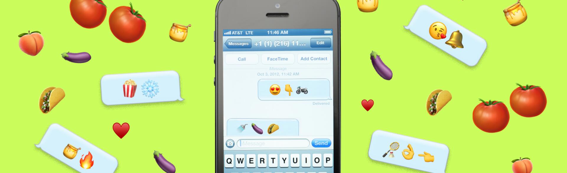 A graphic of a sexting conversation using various emojis on a cellphone. The cellphone is surrounded by various other emojis.