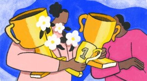 illustration of woman holding 3 trophies, success bombing