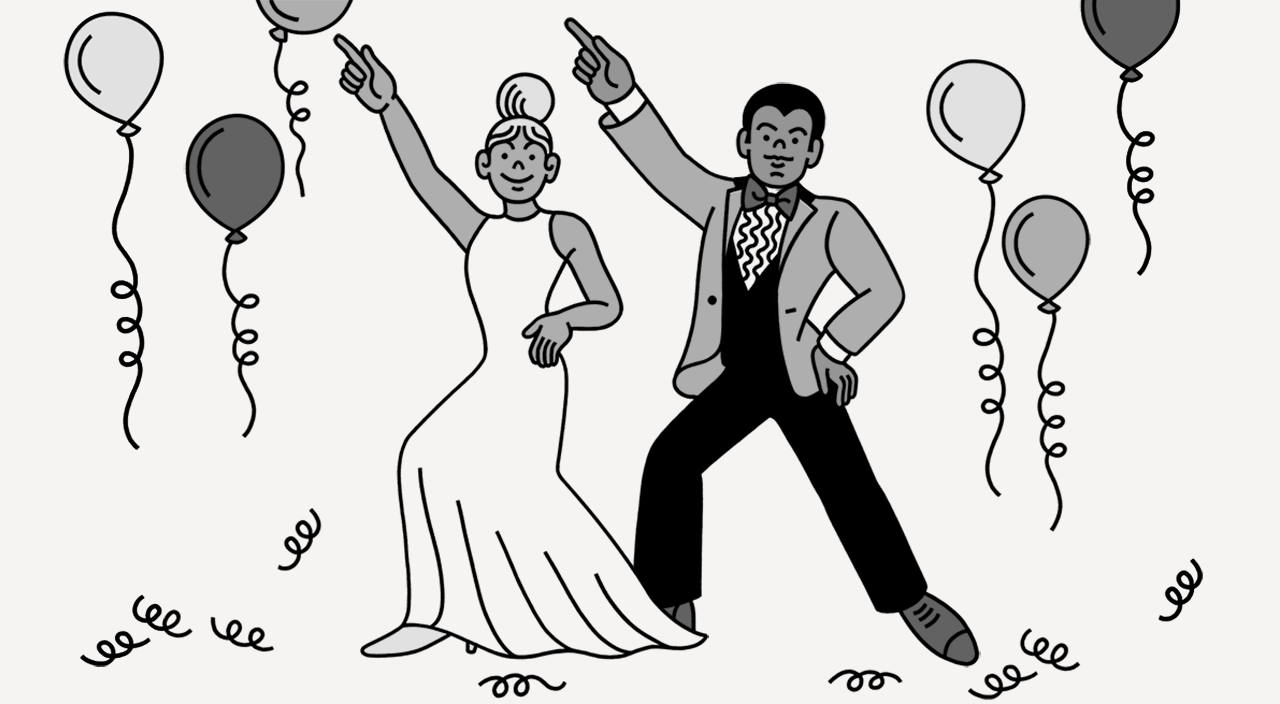 Illustration of a couple happily dancing at their wedding