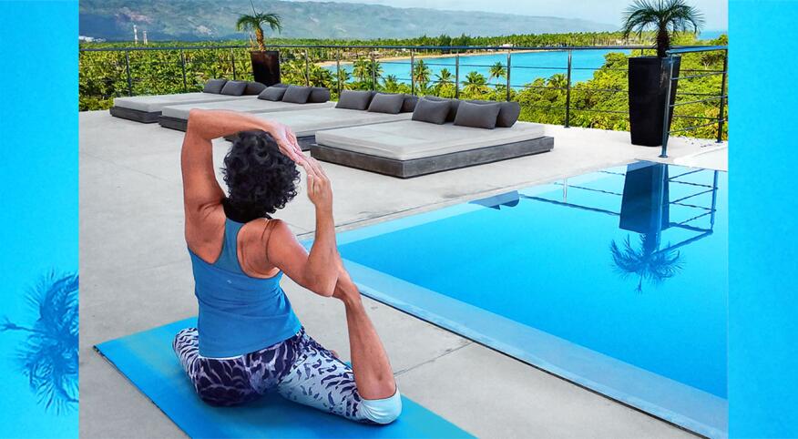 Julie Blamphin practicing yoga poolside in Costa Rica