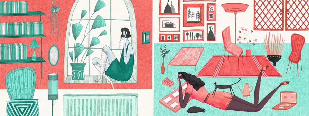 illustration of friends on the phone in two separate living rooms
