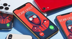 Photo-illustration of a scammer on a mobile phone screen
