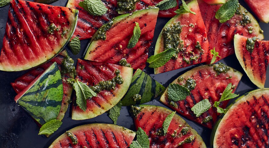 Grilled watermelon with mint pesto