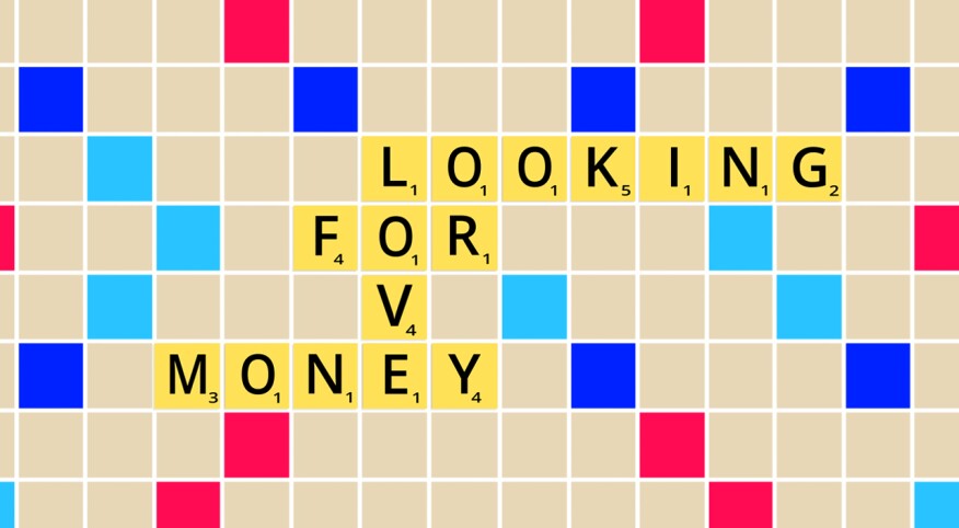 illustration of crossword puzzle with the words "looking", "for", "love", and "money"