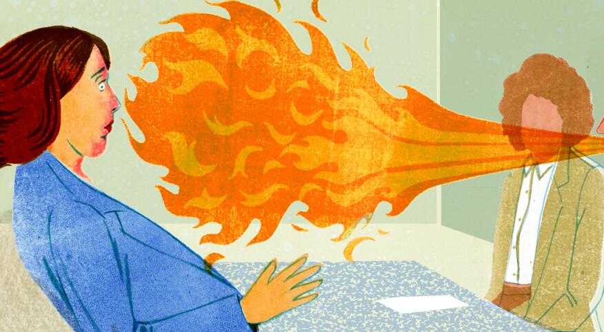 illustration of woman in a meeting with her boss blowing fire in her face
