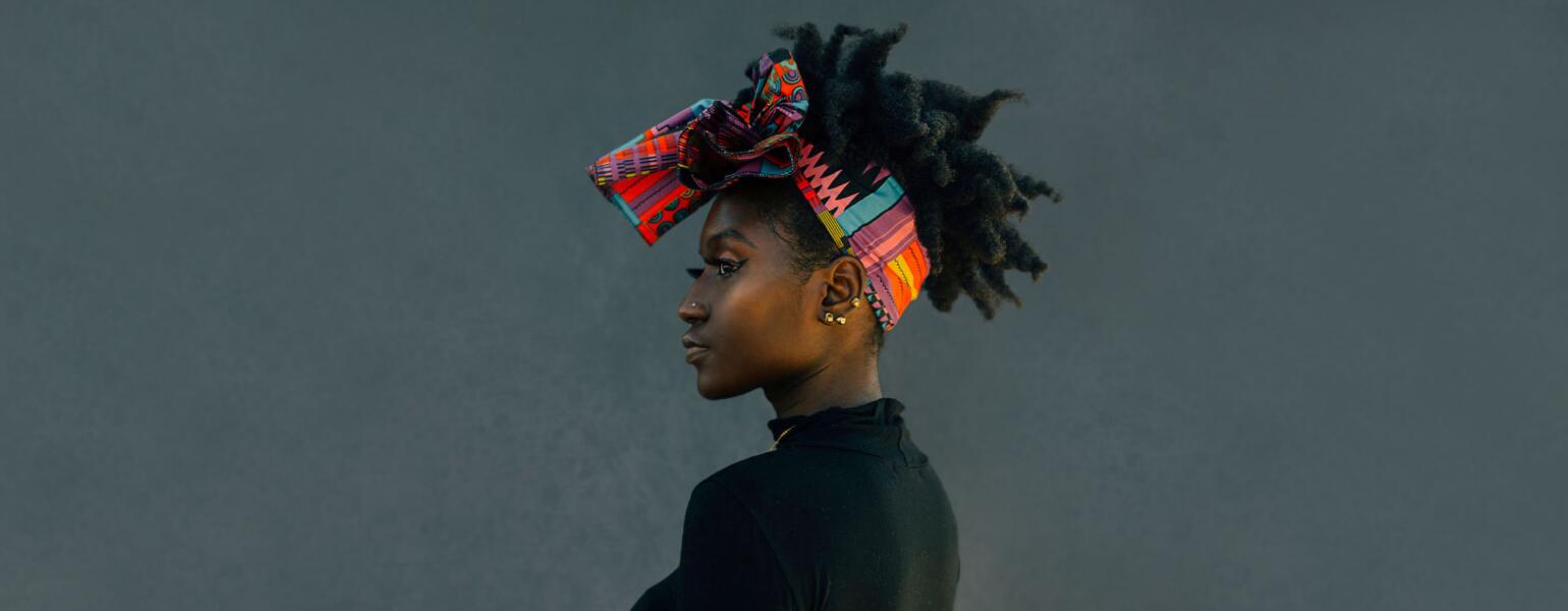 Woman wearing a colorful head wrap