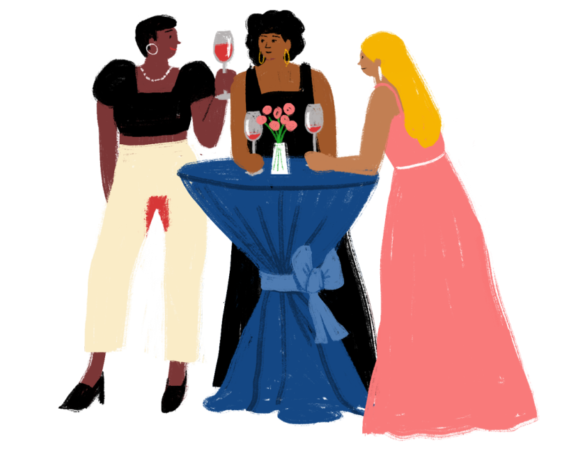 illustration of woman with period leak at a party with 2 female friends