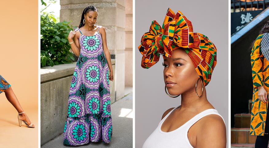 collage of women wearing different wax prints as dresses, head wrap, and a coat