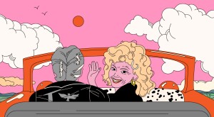 illustration of woman waving hello on passenger seat and man driving red car, summer romance
