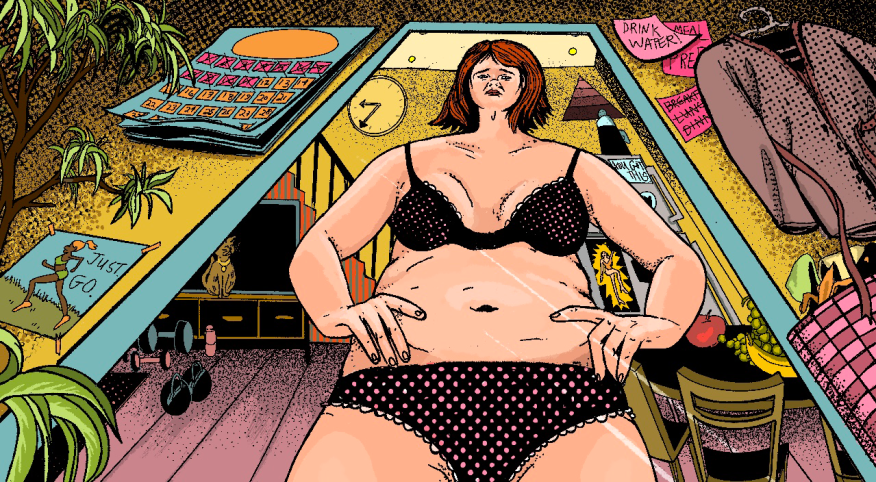 illustration of woman looking down at scale, weight loss, lose weight