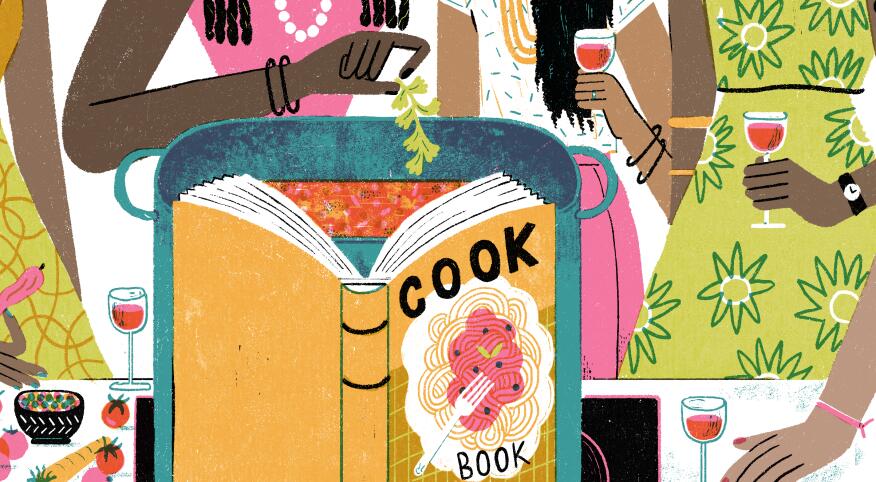illustration of women drinking wine around a cook book