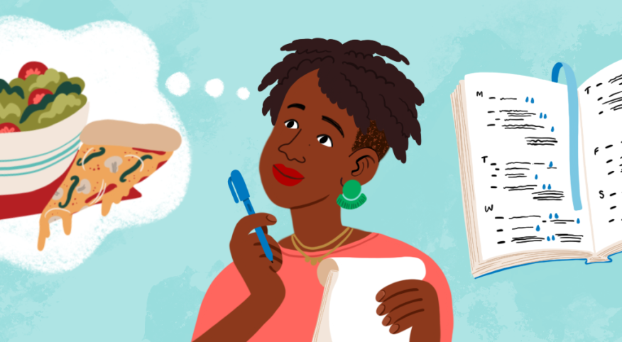 illustration_of_woman_thinking_of_food_and_tracking_her_water_intake_in_journal_by_nicole_miles_1440x560.png