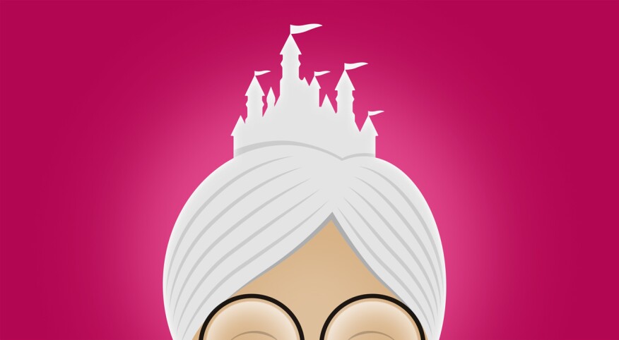 illustration of grandmother with disney castle on top of head