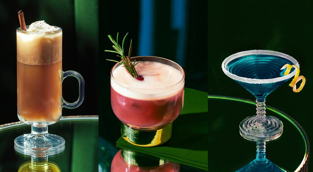 Tryptic photo of holiday cocktails on blue and green background