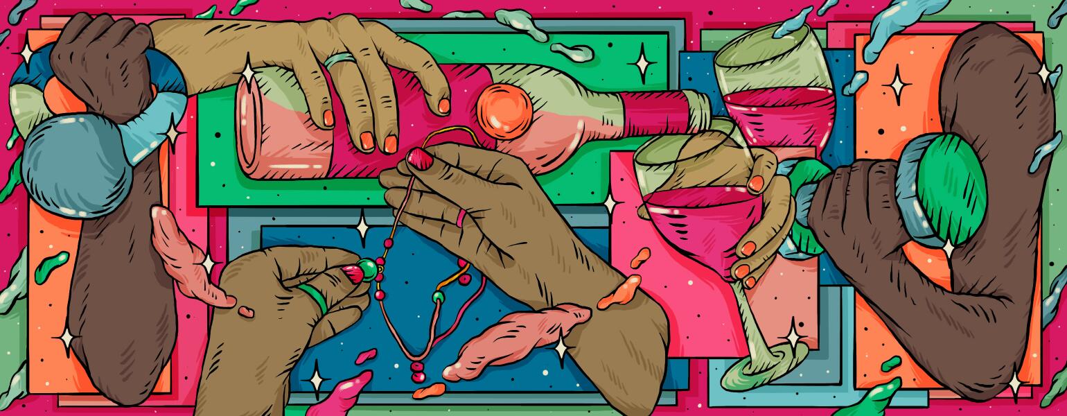 illustration of hands serving wine holding jewelry doing exercise side hustles