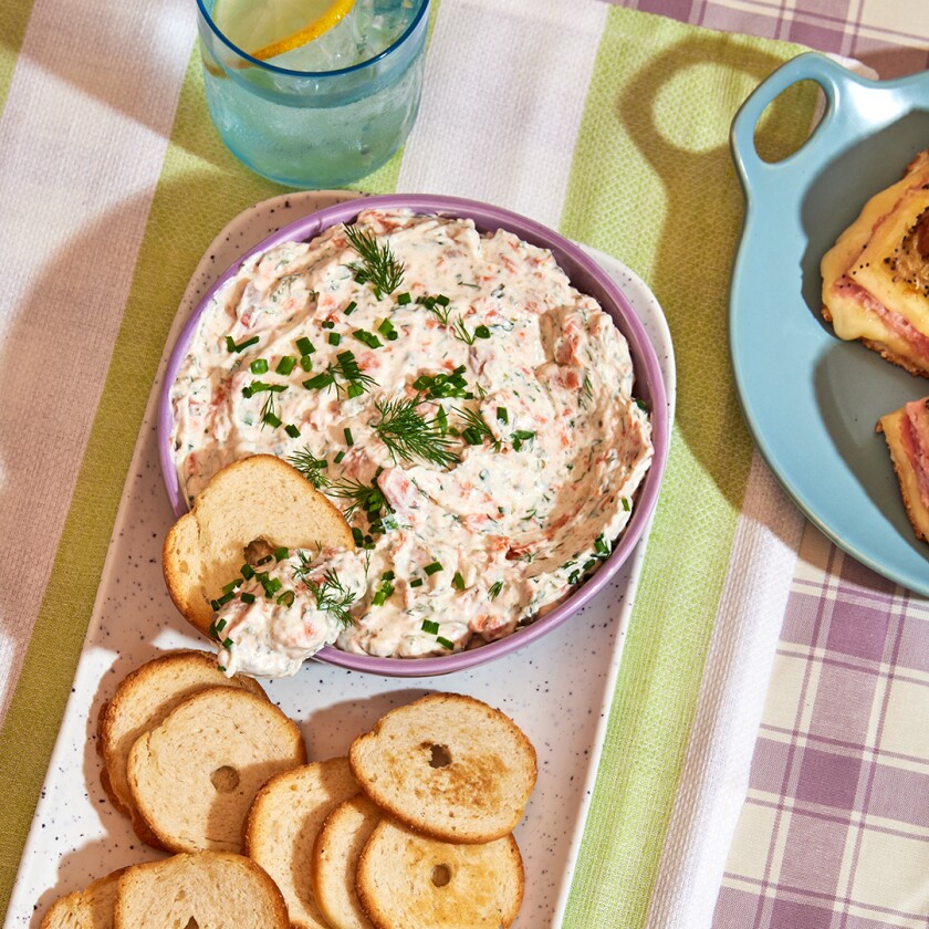 Overhead image of salmon dip with bagel chips