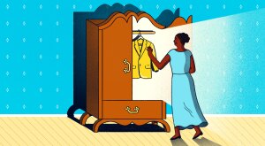 illustration of woman grabbing yellow blazer from armoire in bedroom
