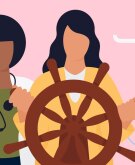 illustration of female cancer patient standing behind boat steering wheel