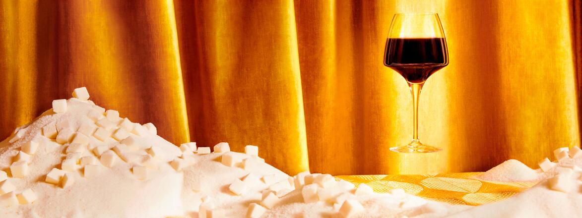 Glass of red wine hovering over mountain of sugar cubes