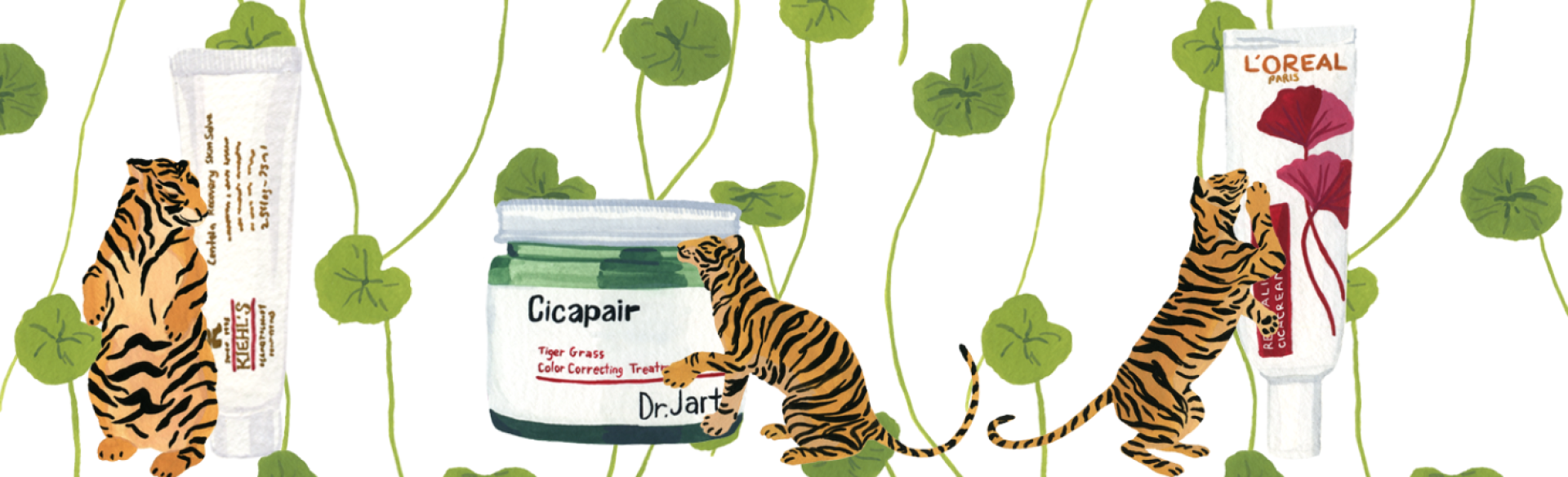 Illustration of tigers next to skin care products with tiger grass in the background