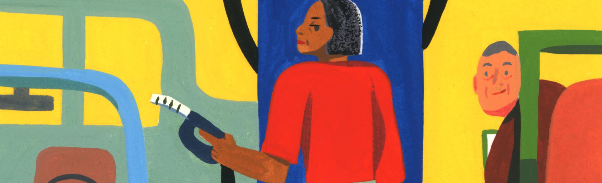 illustration of lady being checked out at gas station by ping zhu